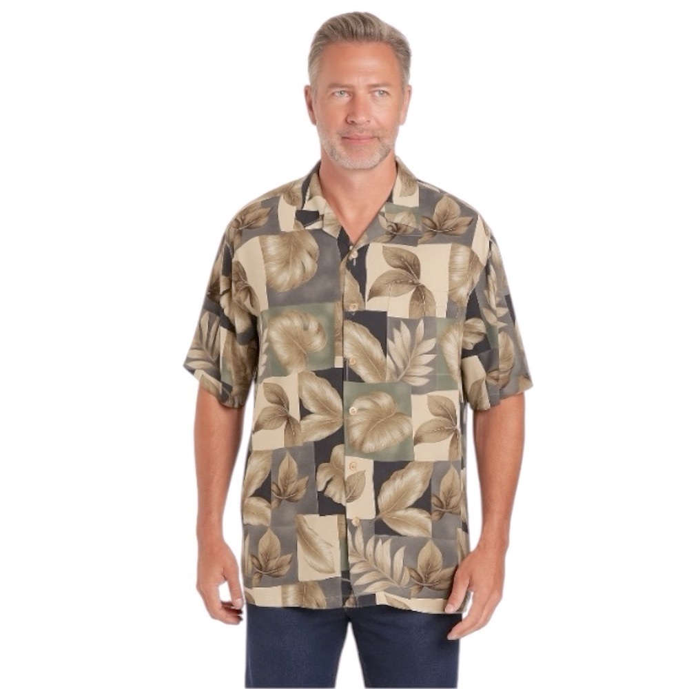 Campia Moda Men's Leaf Print Short Sleeve Hawaiian Button Down Shirt Size L